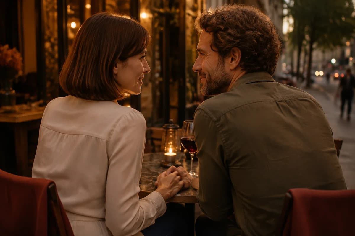 Casal adulto sentado junto em um café ao ar livre