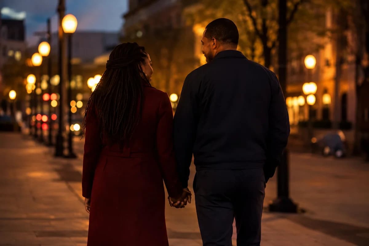 Casal adulto caminhando de mãos dadas por uma rua ao anoitecer