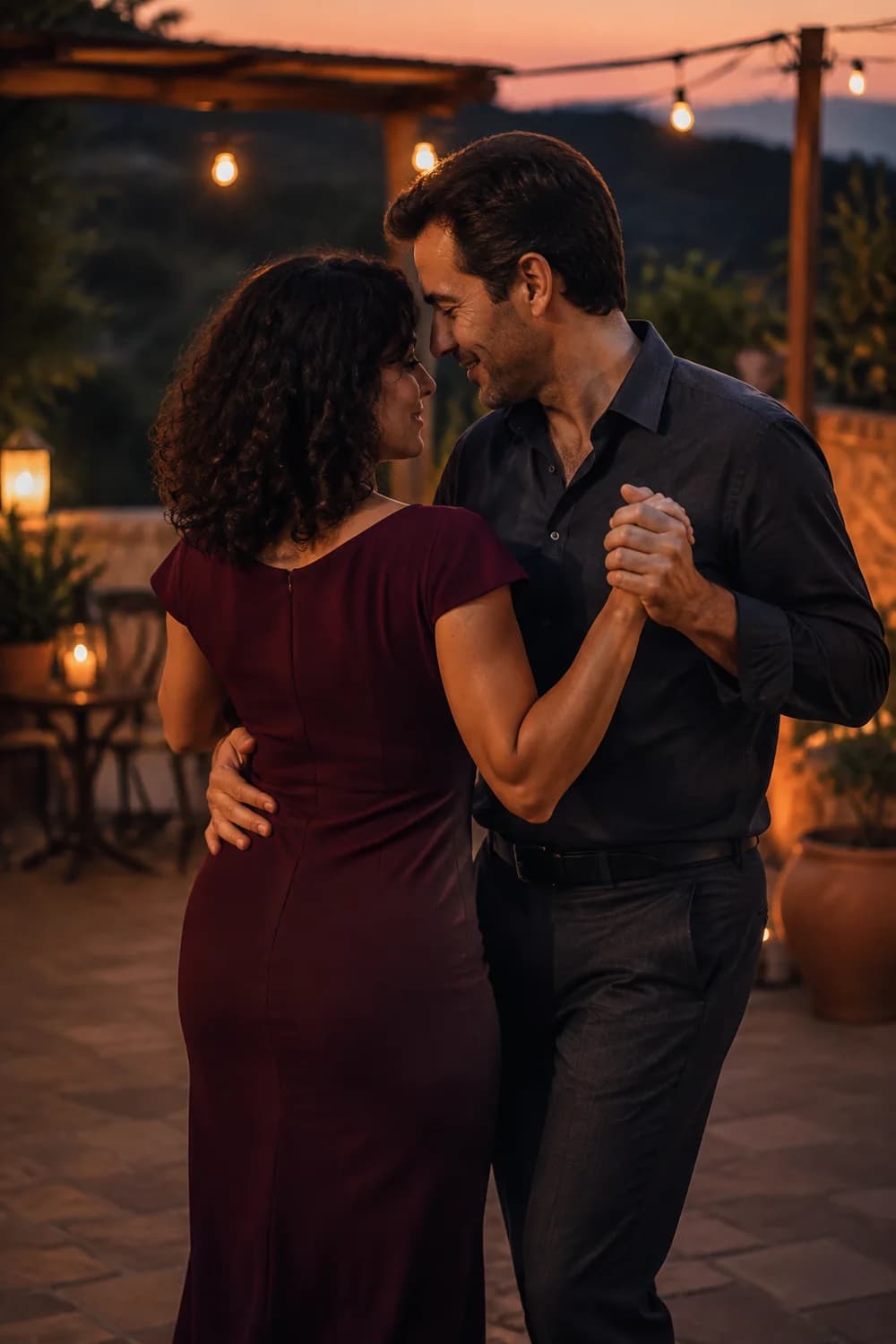 Casal adulto dançando junto em um terraço iluminado