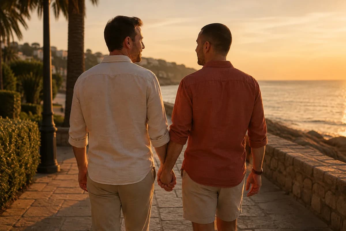 Dois homens adultos de mãos dadas em um passeio à beira-mar