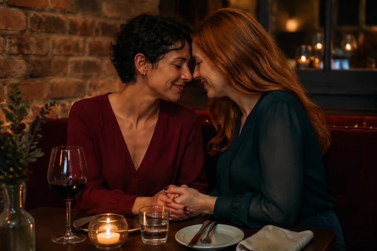 Duas mulheres adultas de mãos dadas durante um encontro em um restaurante