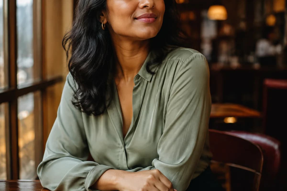 Mulher adulta de blusa verde junto à janela de um café