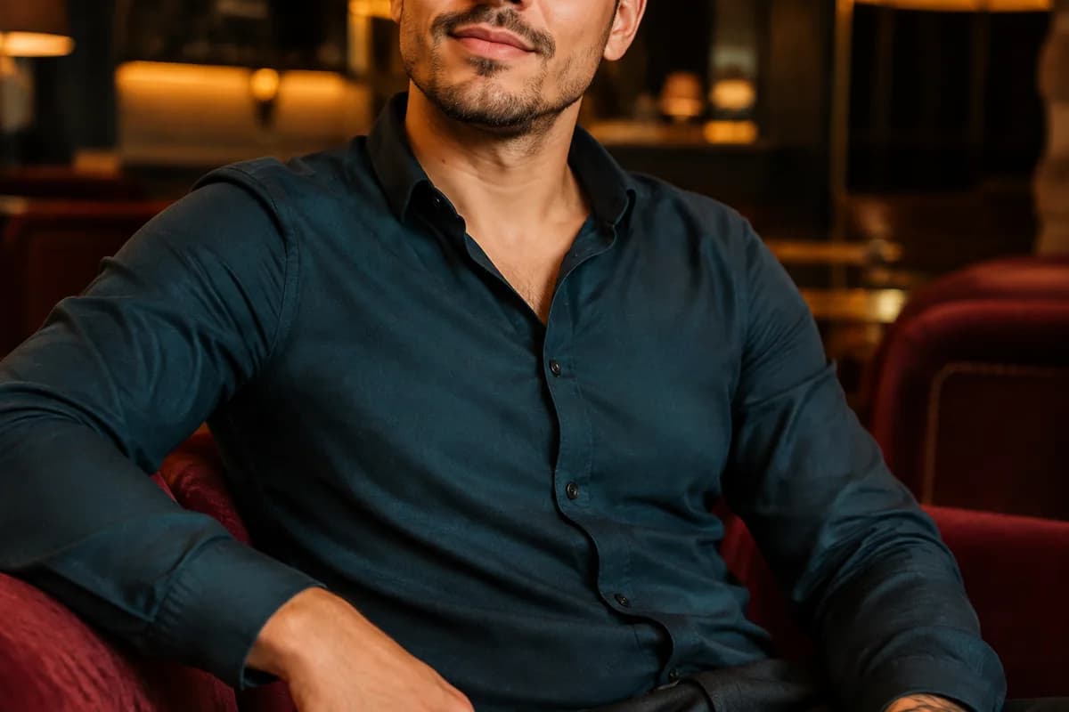 Retrato editorial de um homem adulto de camisa escura